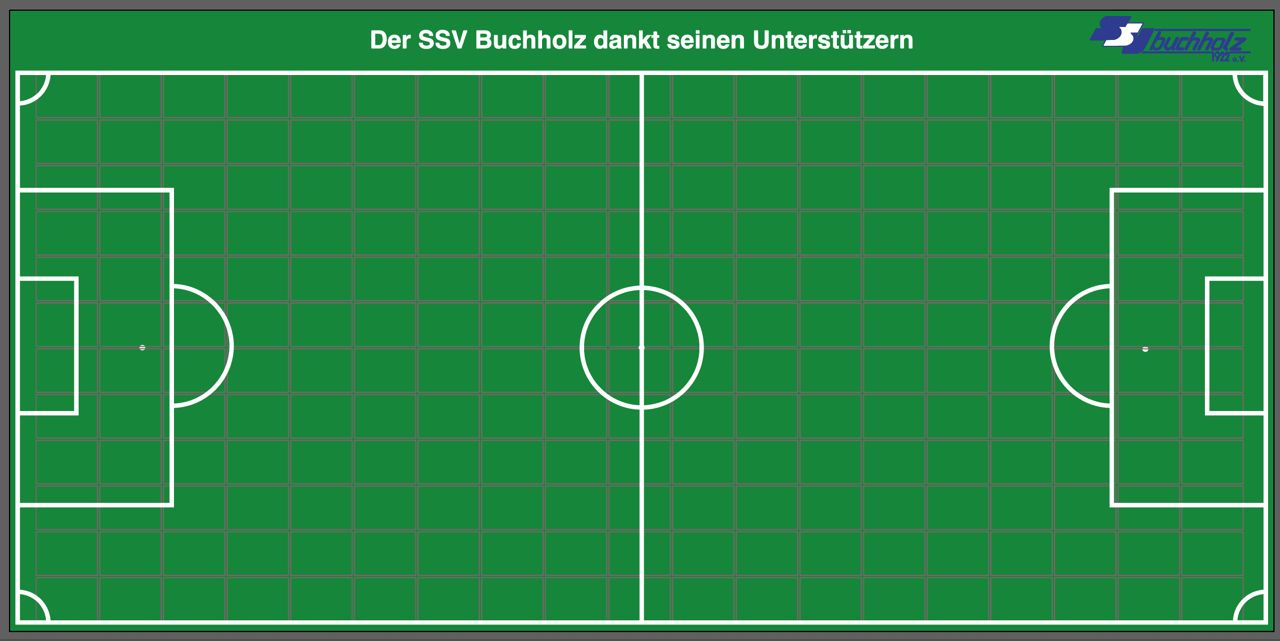 Die Spendentafel des SSV Buchholz: ein
          Fußballfeld, aufgeteilt in 228 einzelne Felder, mit der Überschrift
          „Der SSV Buchholz dankt seinen Unterstützern“